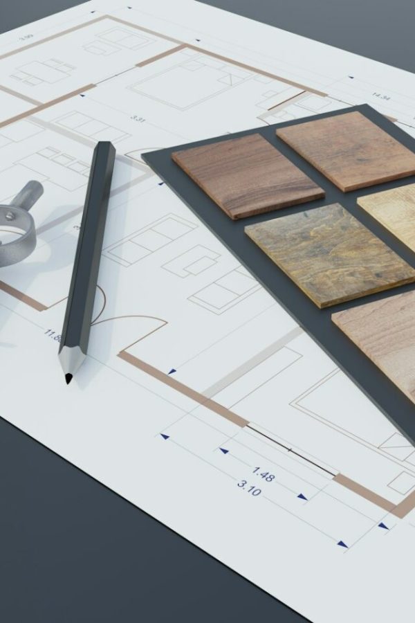 Design furniture home. Pencil, calipers, various wooden sample on blueprint background. 3d render
